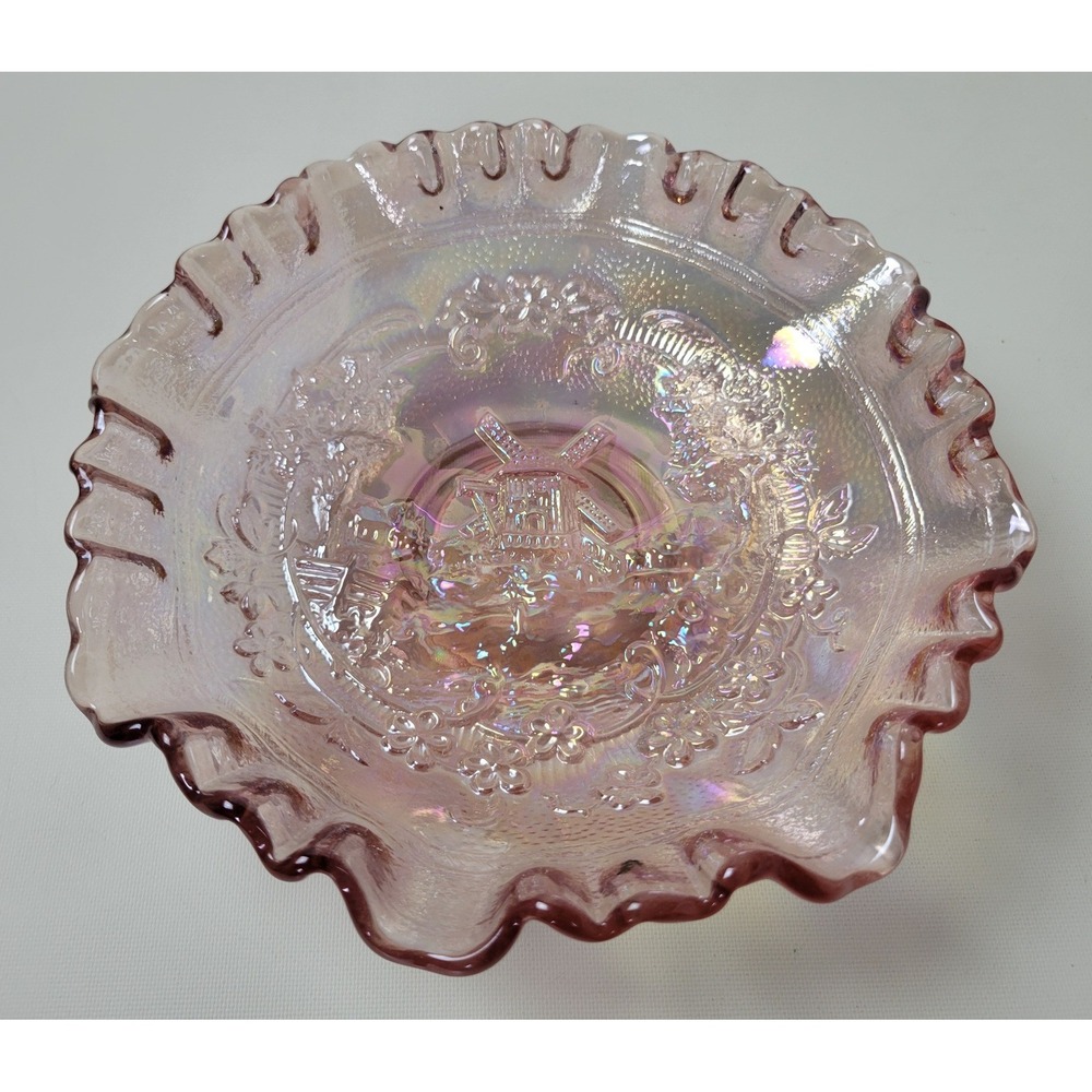 Imperial Glass Pink Carnival Glass Windmill Ruffled Bowl Iridescent Vintage